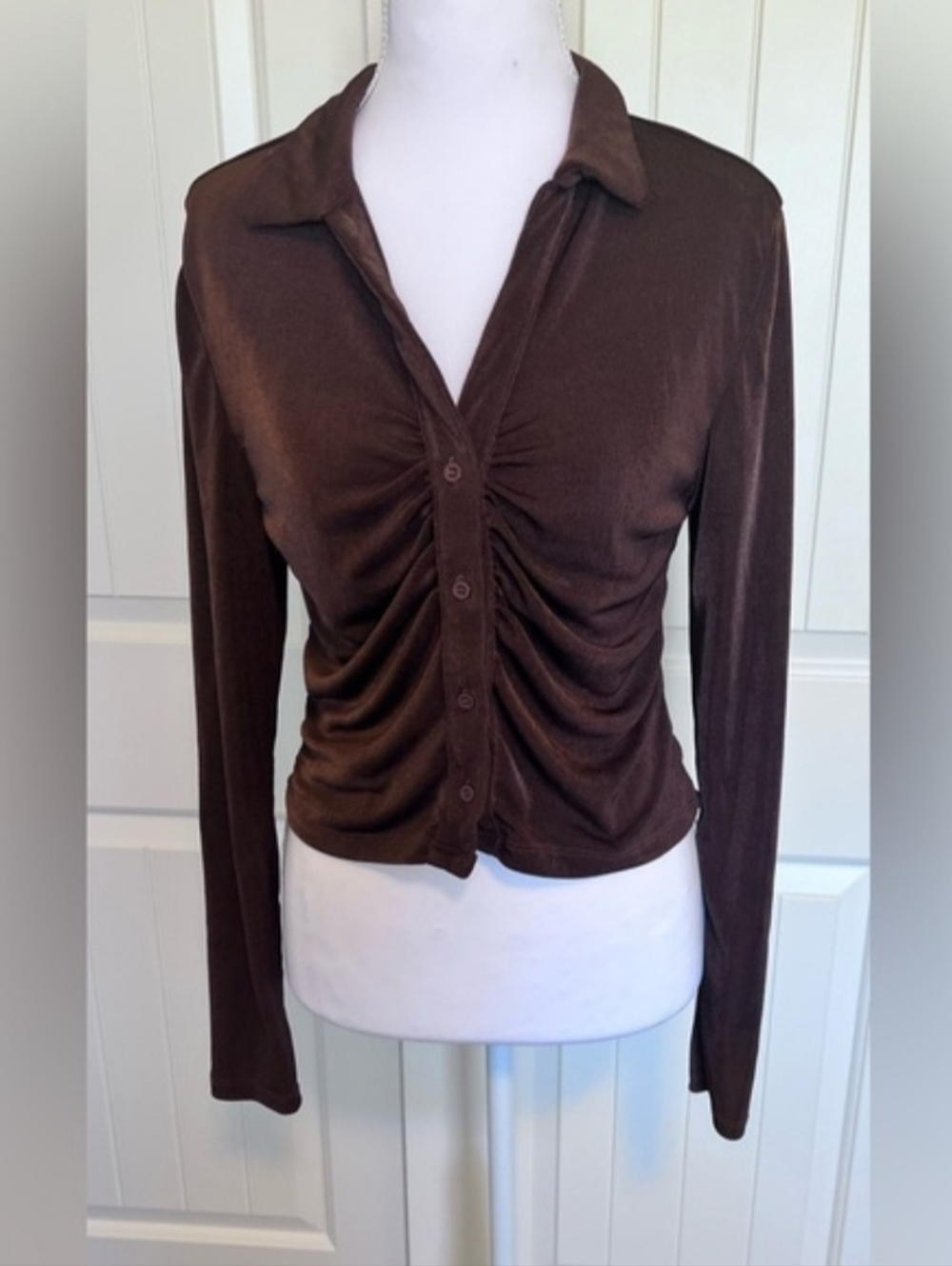 Y2K Button up cute waist gathered ruching stretch brown XL